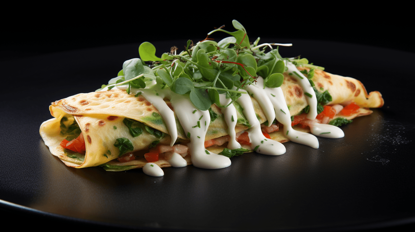 Savory crepe with greens and sauce, topped with microgreens on a black plate.